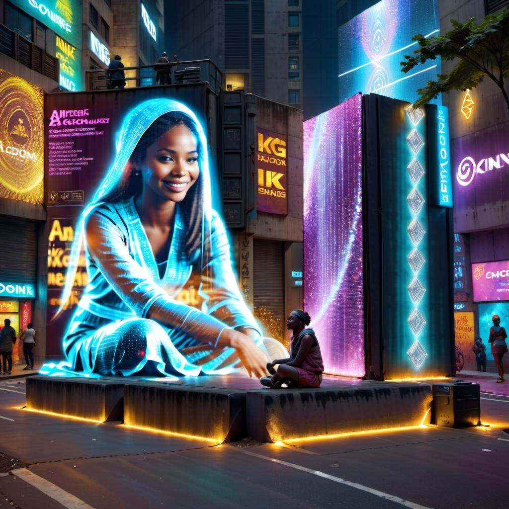 Point-of-view shot photo of transparent hologram woman sitting on a billboard,  smiling,  African on Tensor.Art