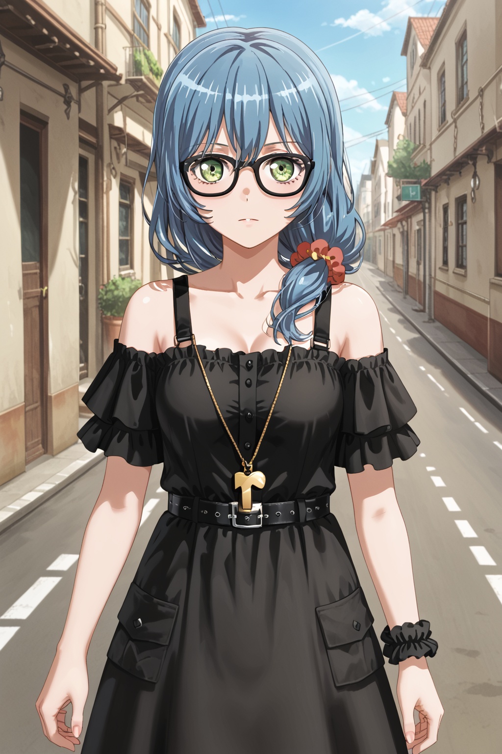 asahi rokka, lock, 1girl, solo, long hair, green eyes, blue hair, hair ornament, glasses, black-framed eyewear, hair over shoulder, hair scrunchie<lora:六花:0.8>