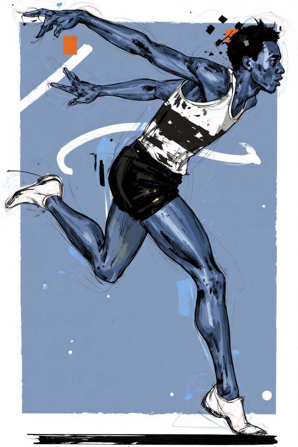 poster illustration.A runner,  shown in side profile,  is in mid-stride on Tensor.Art