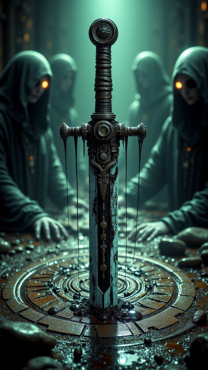 "An ancient,  weathered ritual dagger dripping with black ichor,  surrounded by glowing sigils etched into the stone altar...