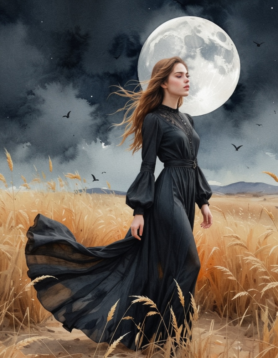 young woman standing in a field of tall grass with a full moon in the background,  the woman is wearing a long,  flowing b...