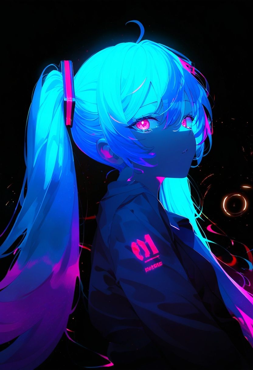 Hatsune Miku,  limited palette,  black background on Tensor.Art