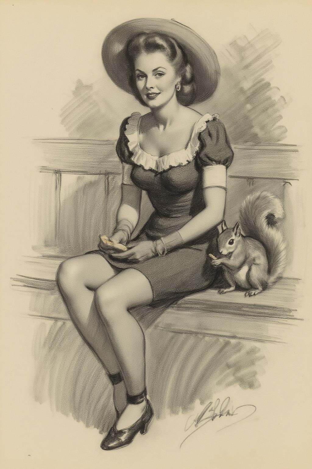 charcoal drawing of a woman sitting on a wooden bench outdoors. She wears a dress with white trim and gloves,  along with...