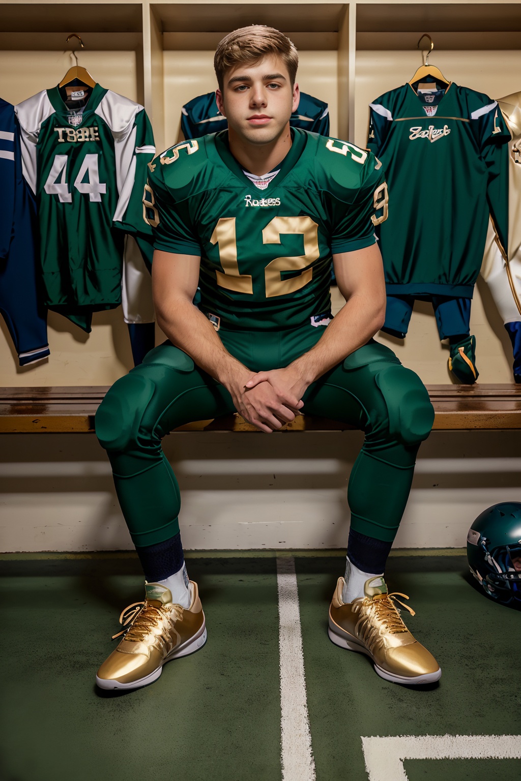 in an American football locker room,  (sitting on a bench),  legs spread open on Tensor.Art
