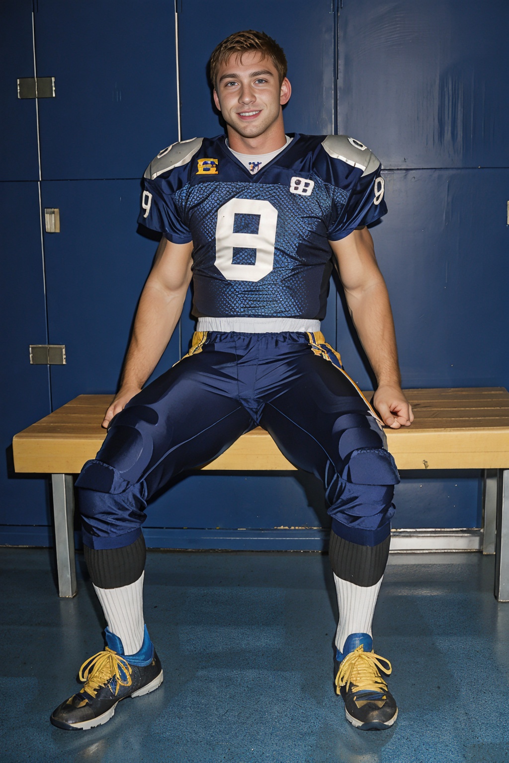 In an American football locker room,  (sitting on a locker room bench),  legs spread open on Tensor.Art