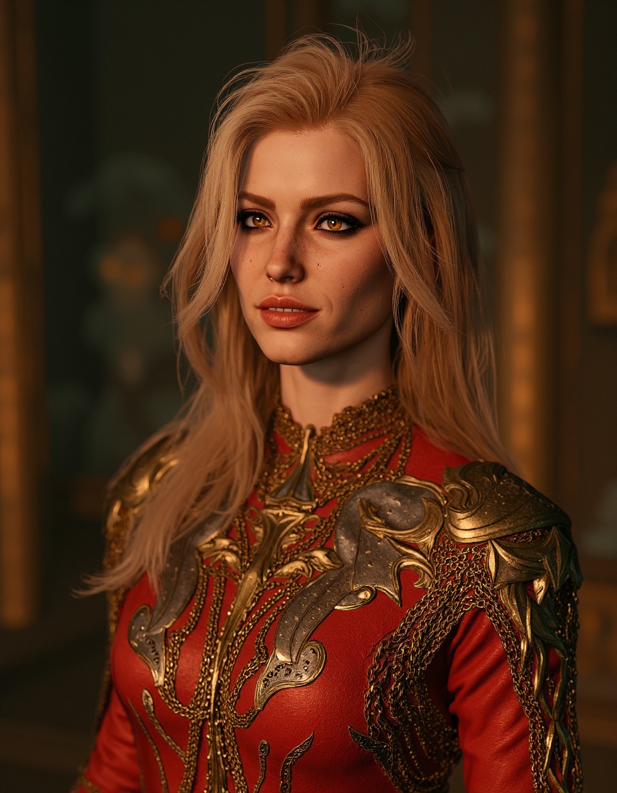 bg3 style,  woman with long blonde hair and dark shaded eyes with striking gaze under eyelashes,  she is wearing ornate bu...