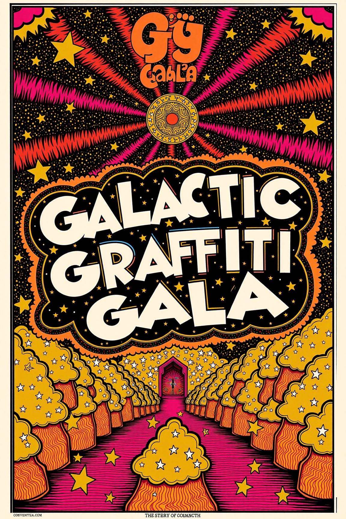 psypop,  70s psychedelic style poster of a "Galactic Graffiti Gala" psychedelic 1970s pop art poster,  vibrant graffiti ar...