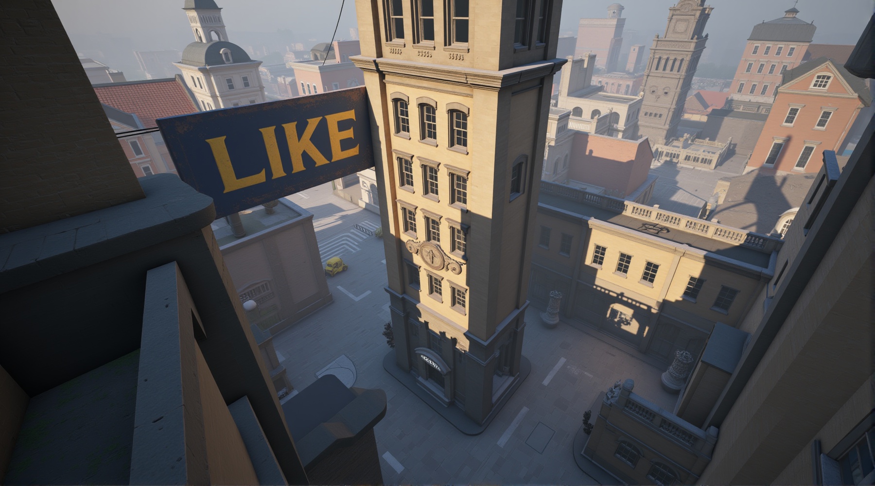 A huge sign with Text:"LIKE",  A stealthy denizen scales the heights of an old tower,  deftly dodging breakables on Tensor...