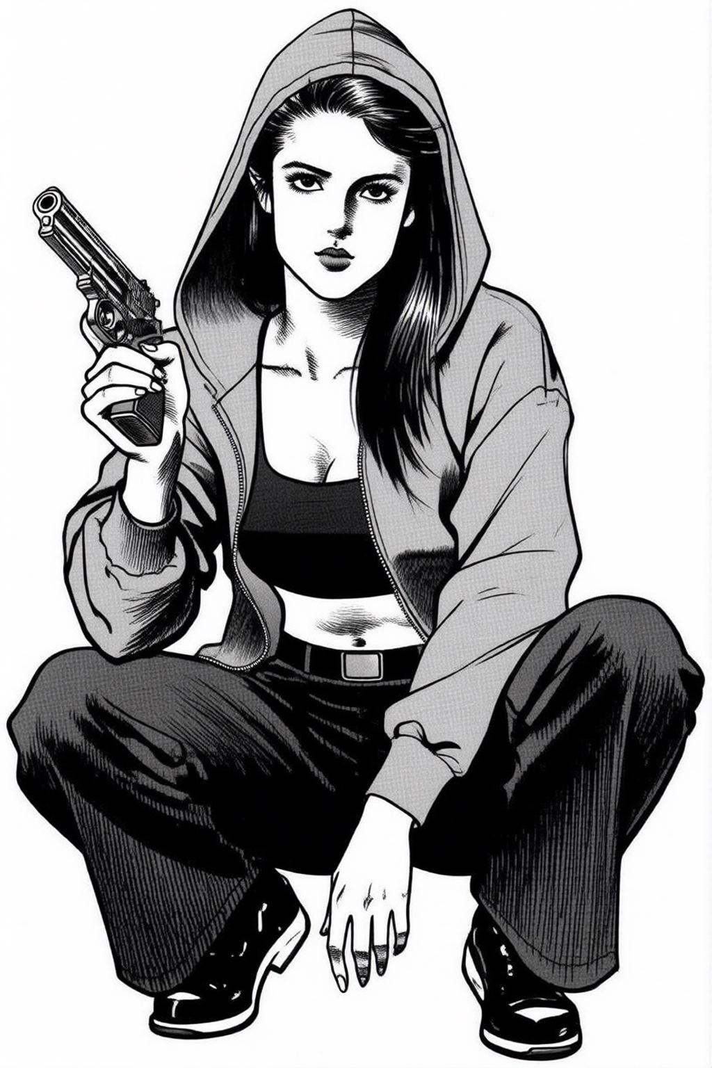 ryoichiikegami2q illustration. Black and white drawing.Woman wearing a hooded,  grey sweatshirt and a black **** top under...