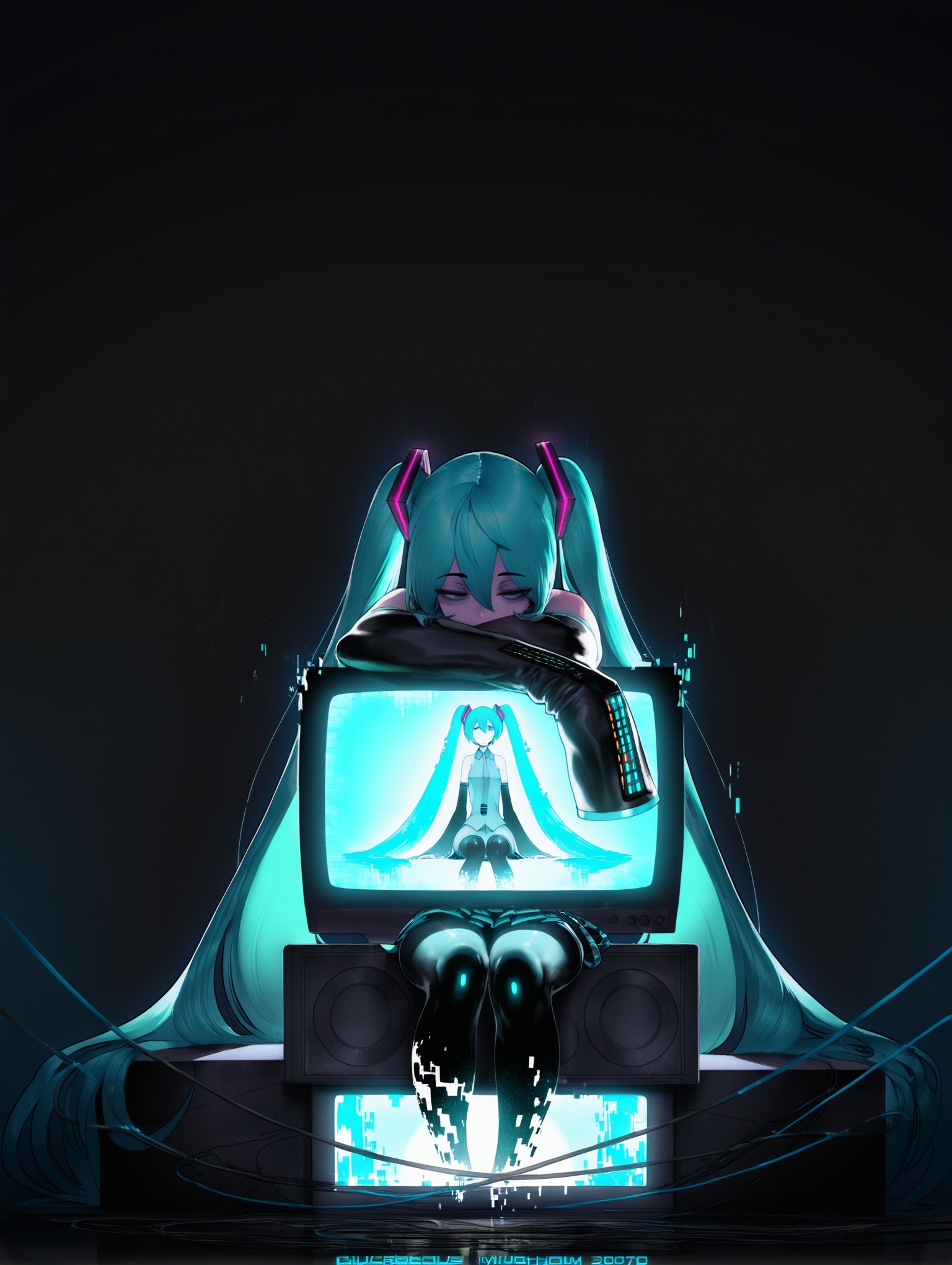 (gorgeous mushroom:1),(agoto:1),(kim hyung tae:0.5),(nyantcha:0.8),(soejima shigenori:0.8), 1girl,hatsune miku, sitting,monitor,head rest, television, screen light, glitch,[(digital dissolve,dissolving :1): (digital dissolve,dissolving :1.3):15], sitting on box, dark, night,wire,simple dark background, reflection,,masterpiece,best quality,