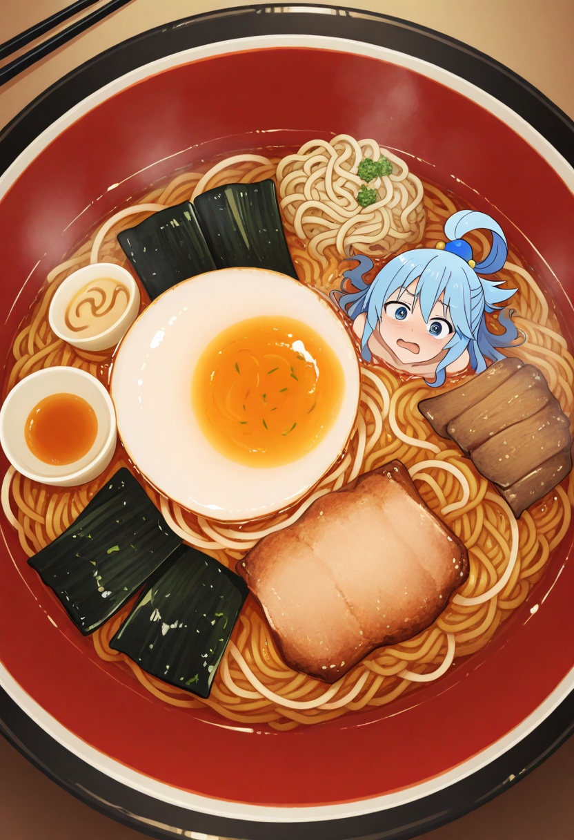 dynamic fisheye lens,  Aqua (Konosuba) trapped in giant_ramen_bowl,  noodle_arms_flailing on Tensor.Art