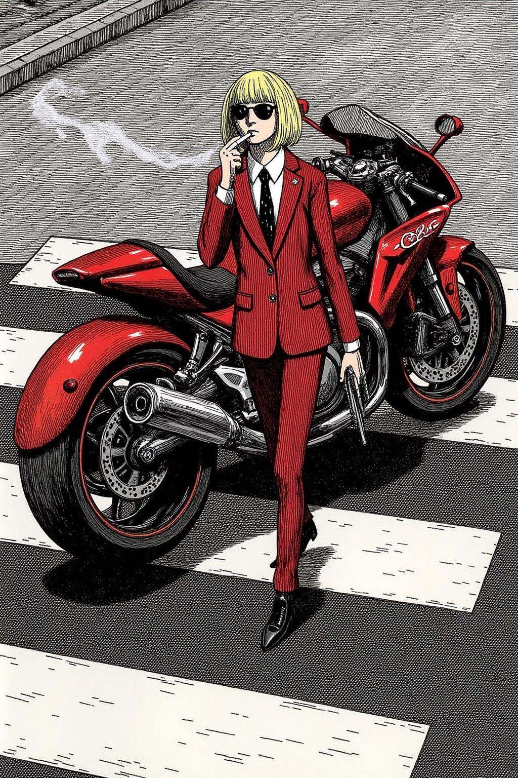 edwardgorey1 illustration.Overhead shot of a Blonde woman walking away from a futuristic motorcycle parked at a zebra cros...