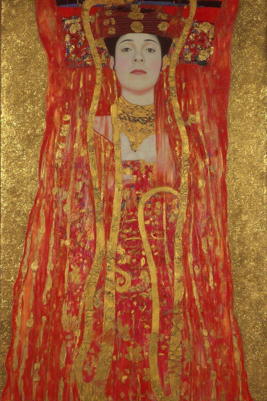 kl1mt painting.A woman with a strikingly intricate,  ornate dress and an imposing presence. The woman is shown from the wa...