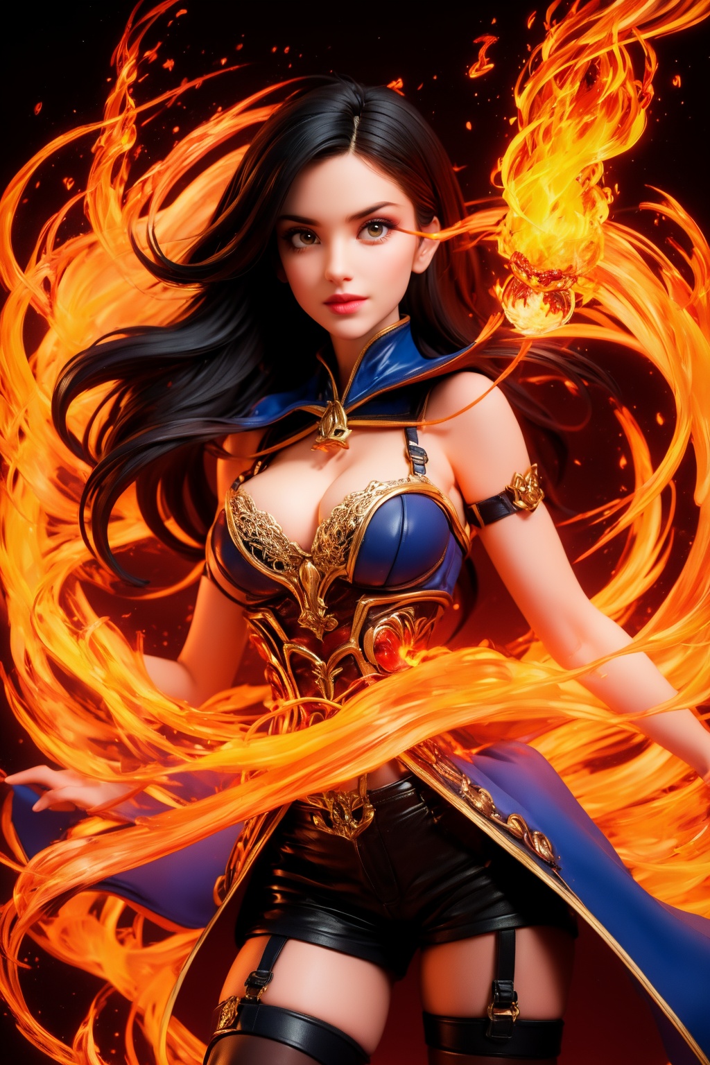 1girl, solo, long hair, magic, cleavage, black hair, garter straps, fire, shorts