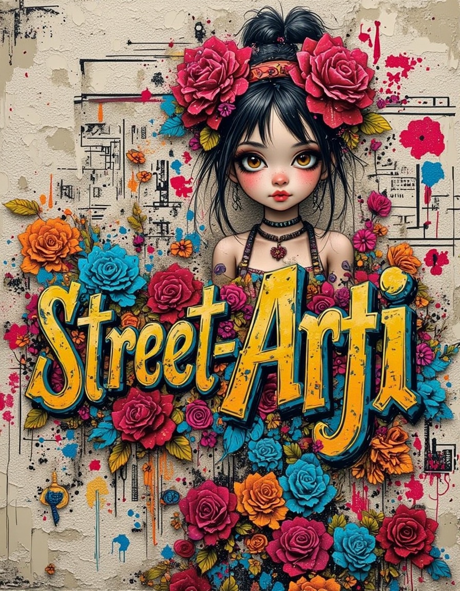 Street-Artji,  vibrant 3d "Street Artji" text in graffiti style,  sorrounded by doodles and a gothic girl wearing colorful...