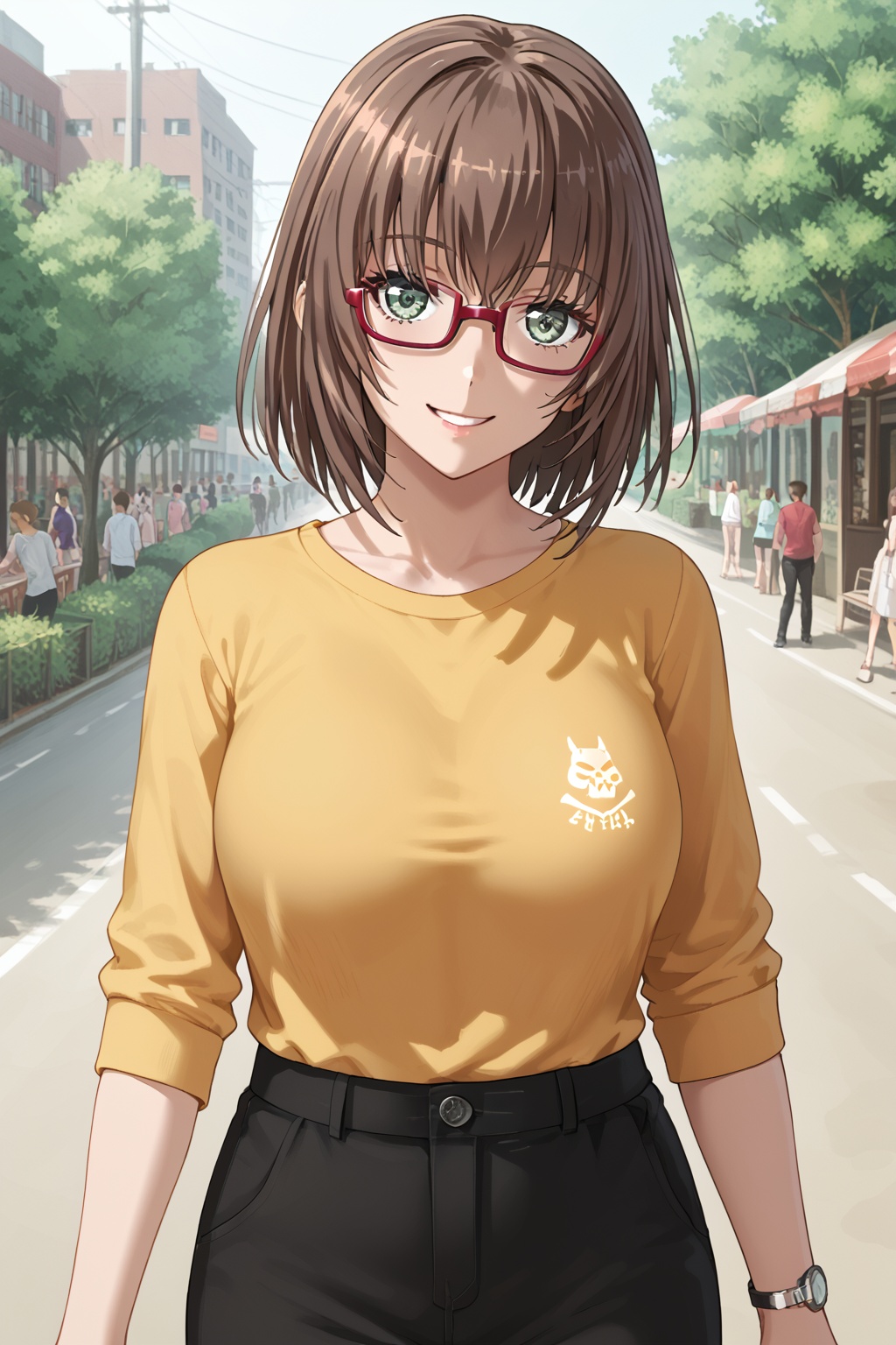 Yamato Maya,smile, short hair, bangs, brown hair,green eyes, glasses, semi-rimless eyewear, red-framed eyewear, under-rim eyewear<lora:大和麻弥:0.8>