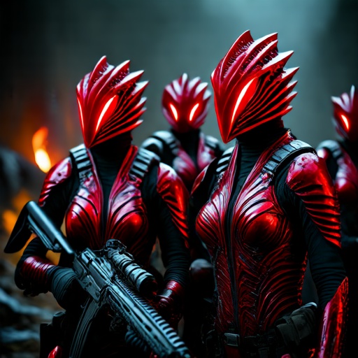 FuturisticWarrior style,  The image shows a group of four aderian scouts dressed in futuristic-looking armor,  standing in...