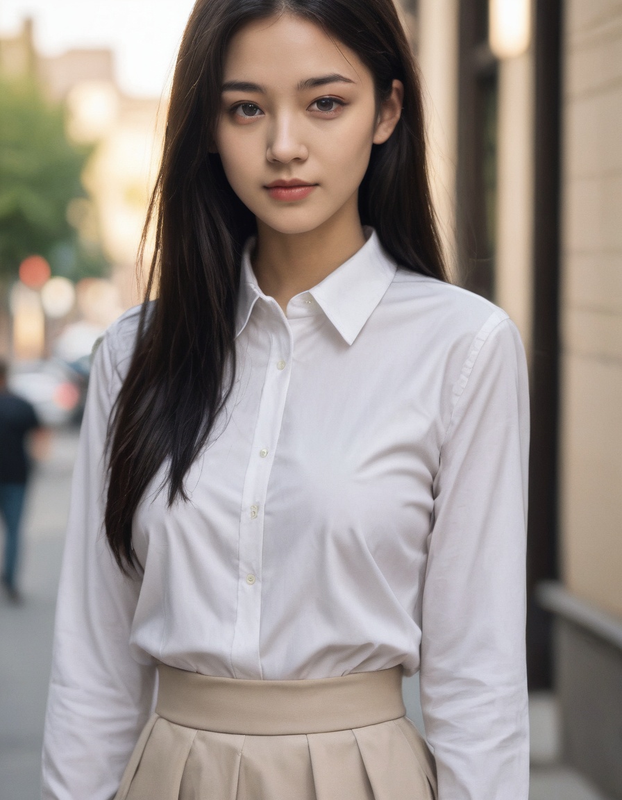 1girl, solo, realistic, long hair, looking at viewer, blurry, blurry background, black hair, lips, teenage, upper body, breasts, white collared shirt, skirt,