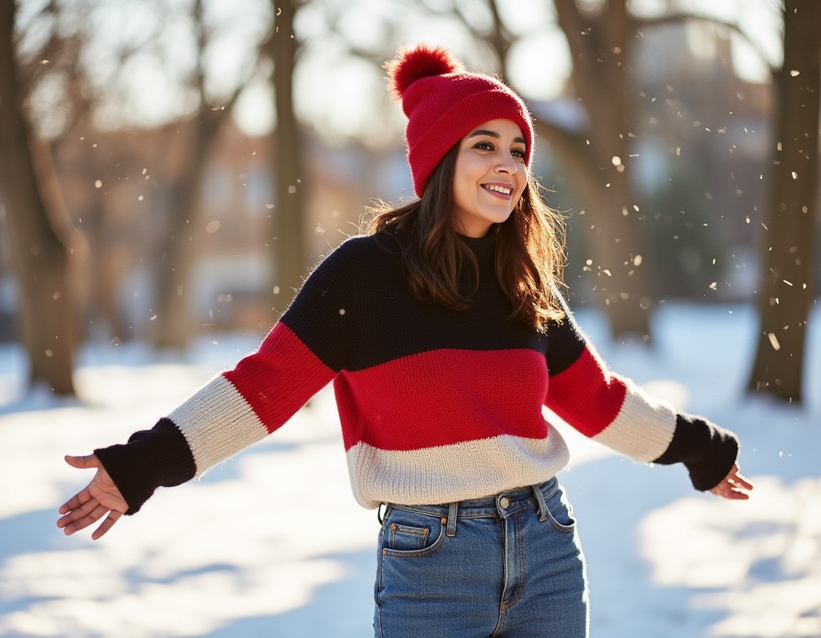 A joyful young woman stands in a snow-covered park,  surrounded by softly falling snowflakes. Her bright red knit hat and...