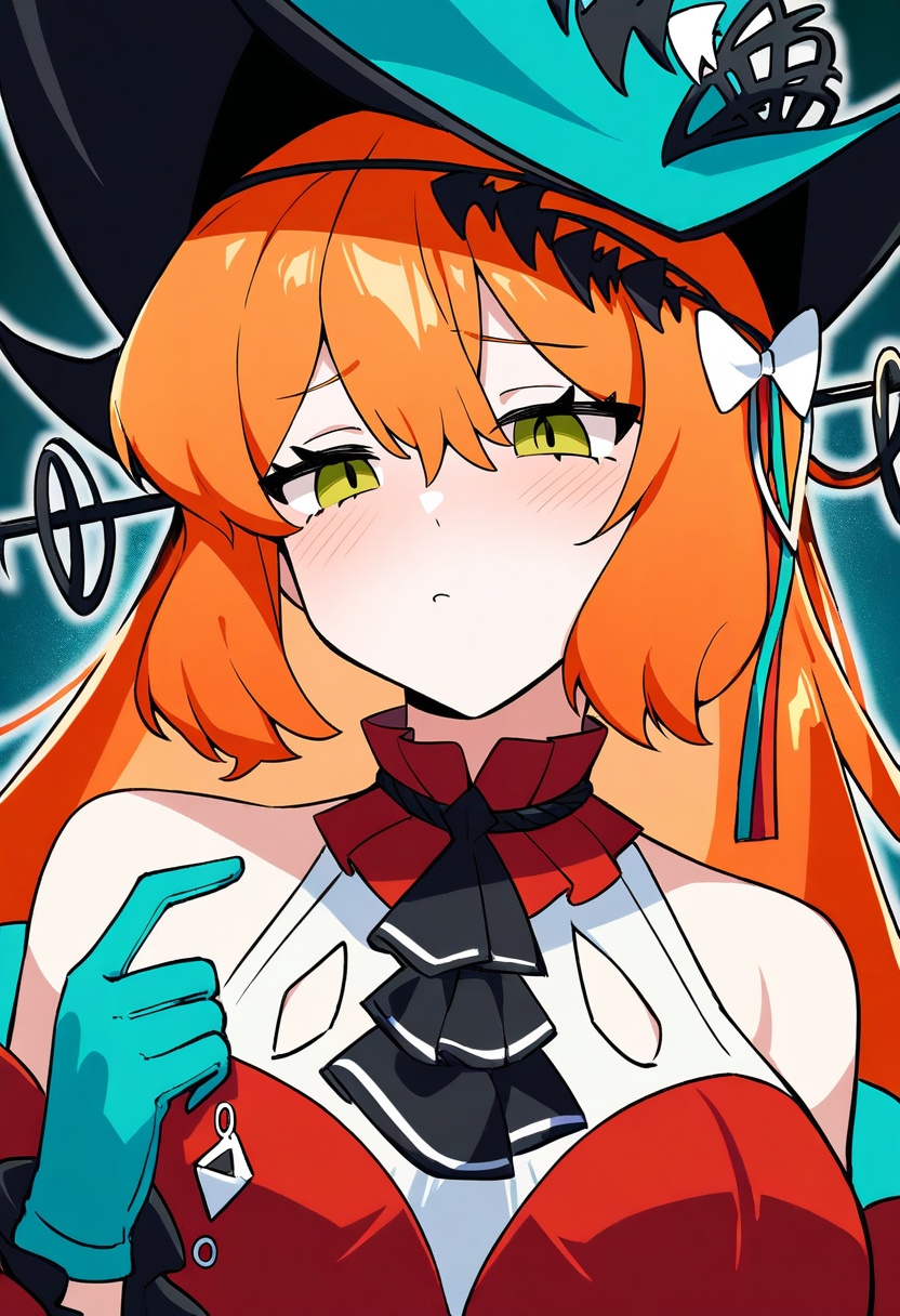 1girl, ishmael \(project moon\), skadi \(arknights\), skadi the corrupting heart \(arknights\), arknights, project moon, limbus company, aqua gloves, aqua hat, blush, bow, breasts, brown hairband, choker, closed mouth, cosplay, gloves, hair bow, hairband, hat, long hair, orange hair, red choker, rope, sidelocks, skadi the corrupting heart \(arknights\) \(cosplay\), solo, upper body, very long hair, white bow, portrait, masterpiece, high score, great score, absurdres