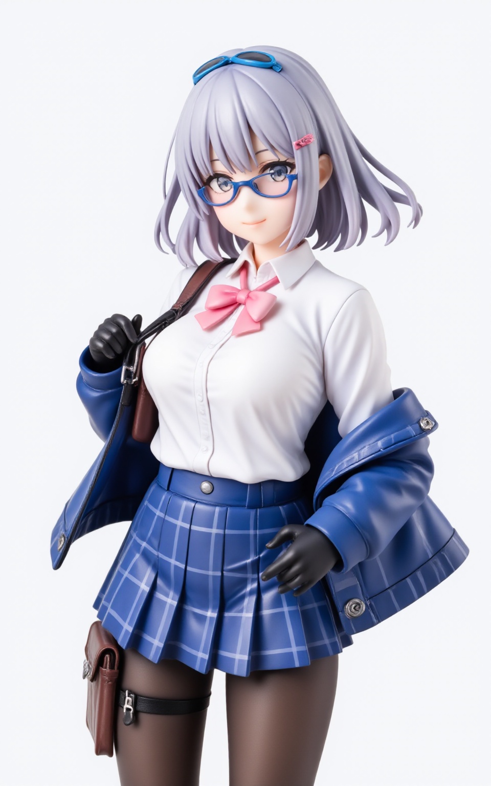 pvcstyle,1girl,sunglasses, pantyhose, black pantyhose, skirt, grey eyes, blue-framed eyewear, gloves, hair between eyes, breasts, black gloves, pleated skirt, school uniform, pink bow, hair ornament, thigh pouch, brown bag, hand in pocket, plaid skirt, eyewear on head, thighs, official alternate costume, white shirt, shirt, medium hair, collared shirt, jacket, looking at viewer, medium breasts, grey hair, smile, bow, open jacket, hairclip, closed mouth, solo, plaid, open clothes, blue jacket, pink bowtie, pouch, blue skirt, bowtie, cowboy shot,masterpiece, newest, absurdres, safe<lora:pvcstyle:1>​​​