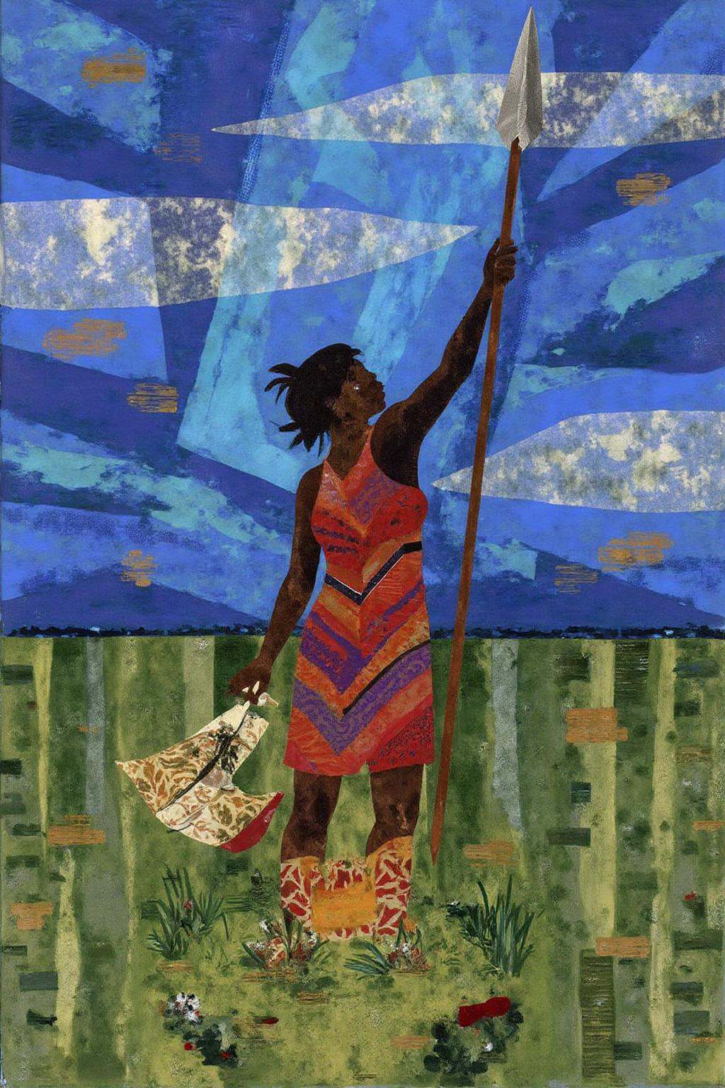 mixed media collage. A Valkyrie lifting her spear towards the sky on Tensor.Art