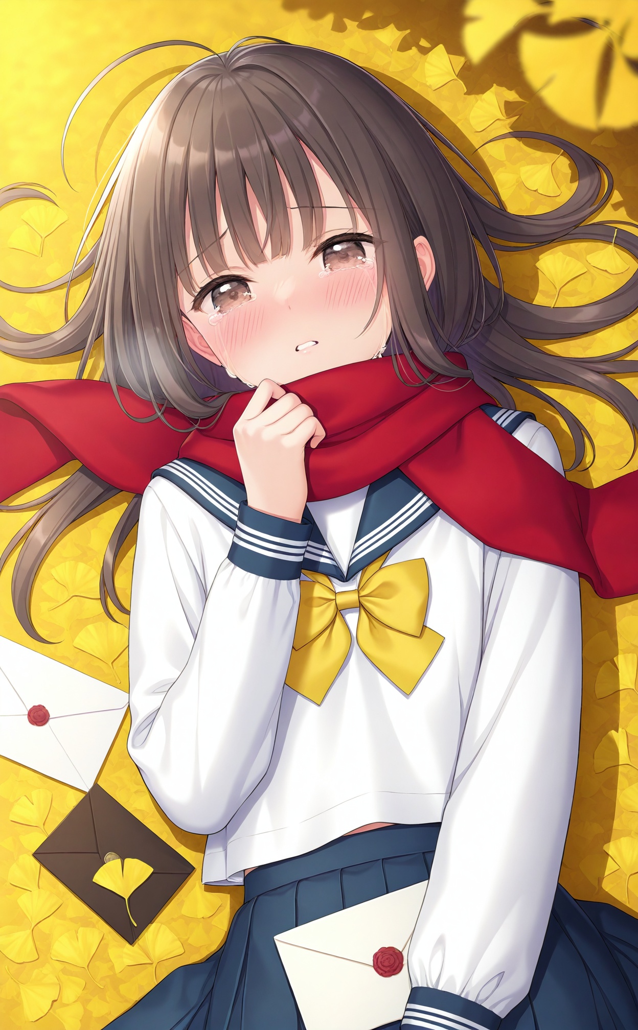 masterpiece,best quality,high quality,loli,1girl,solo,school uniform,skirt,scarf,lying,serafuku,on back,long sleeves,autumn,blue skirt,looking at viewer,sailor collar,bow,brown eyes,long hair,tears,autumn leaves,bangs,blue sailor collar,shirt,parted lips,pleated skirt,white shirt,envelope,ahoge,blurry,red scarf,black hair,crying,leaf,letter,crying with eyes open,yellow bow,outdoors,brown hair,bowtie,ginkgo leaf,from above,tearing up,blush,