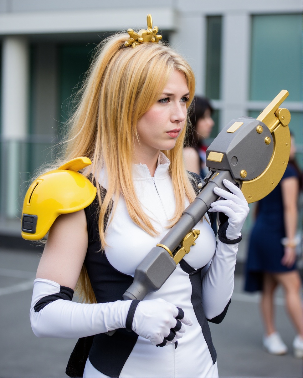 This is a photograph taken at a convention,  likely a cosplay event. The central figure is a young woman dressed as Mercy,...