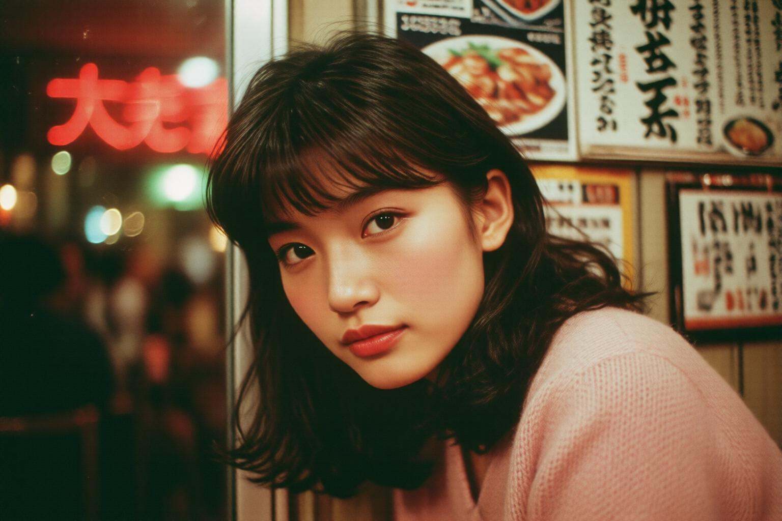 midjourneymix10q photograph.Close-up of a 1980s young Japanese woman with shoulder-length dark hair and bangs is wearing a...