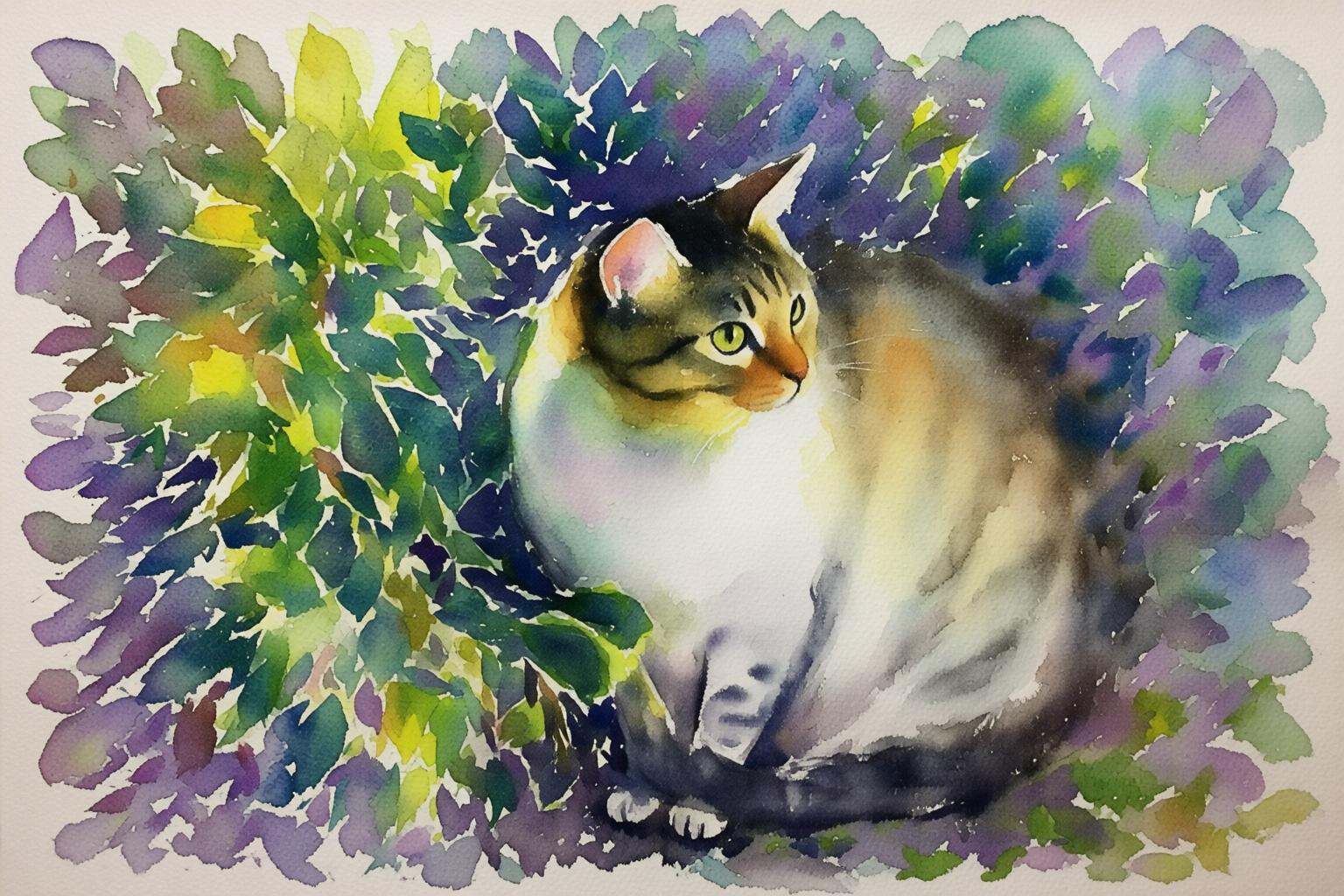 watercolorbasic2q watercolor painting. A cat positioned slightly off-center to the right,  with a round body and soft,  fl...