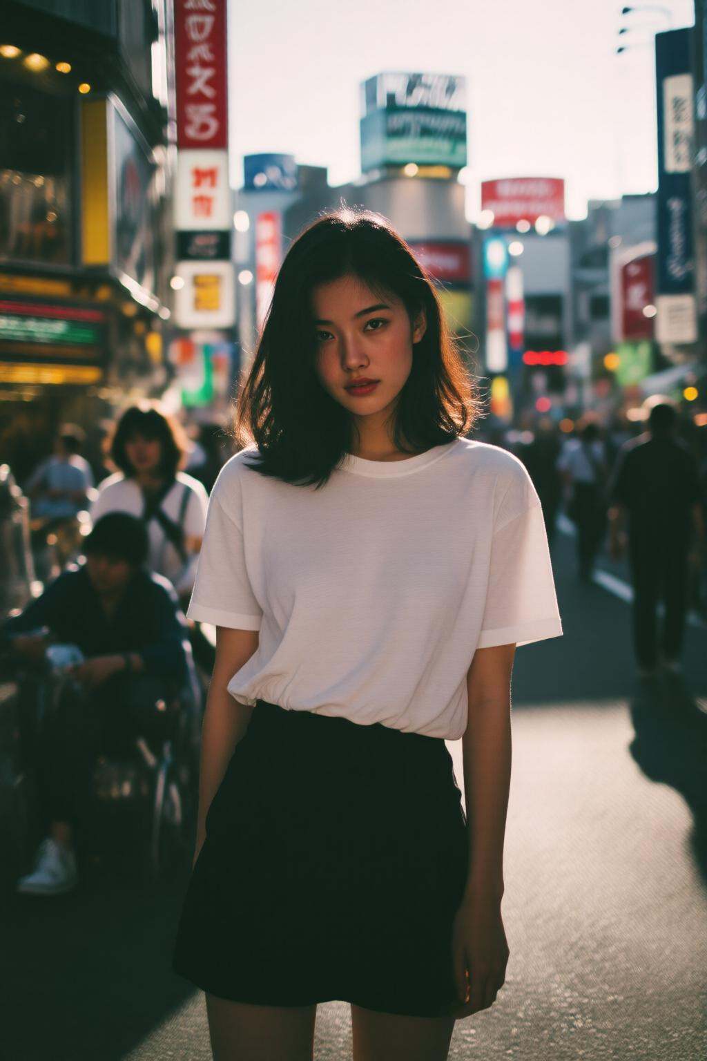 midjourneymix10q photograph.A 1980s young Japanese woman with shoulder-length hair stands in the middle of a bustling urba...