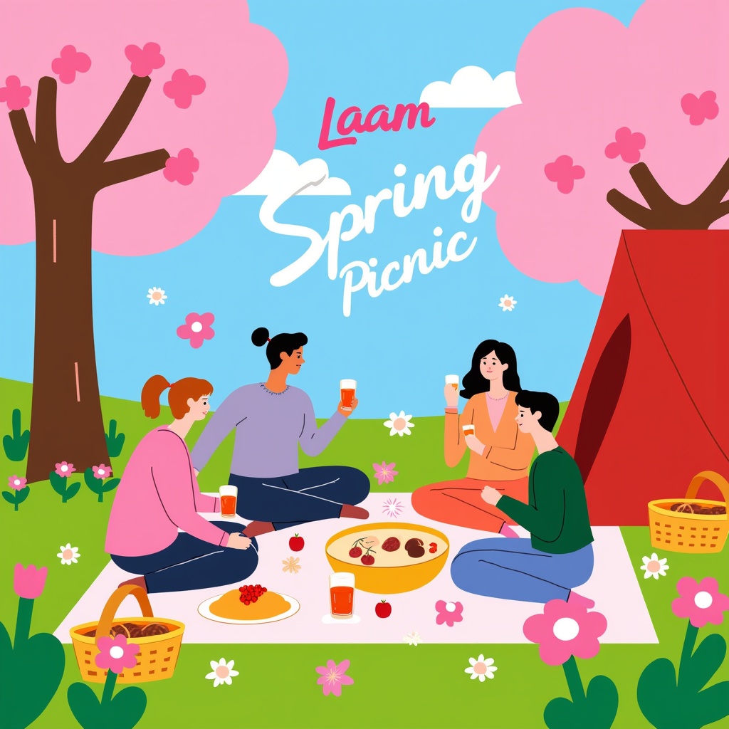SSi,  Digital illustration of a spring picnic scene,  bright colors on Tensor.Art