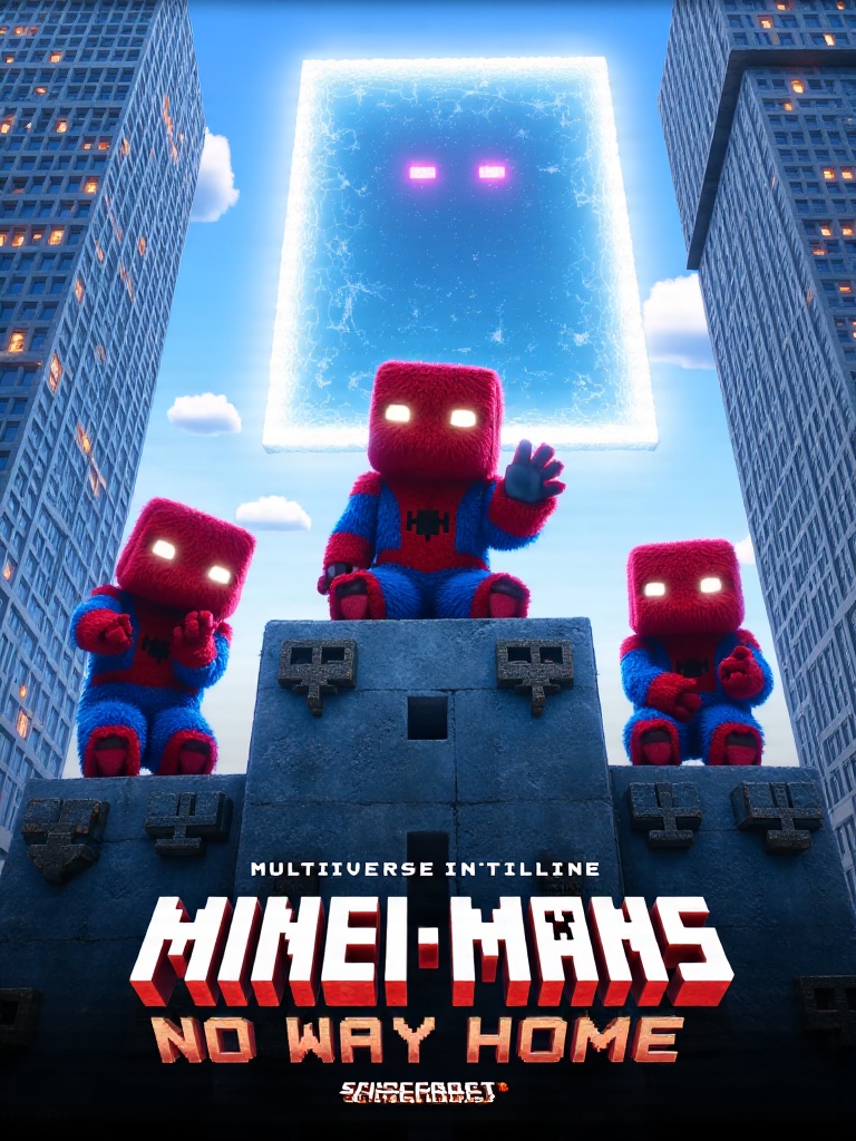 Movie poster for "Mine-Mans: No Way Home",  showing three different cubic Spider-Men with furry suits in different poses o...