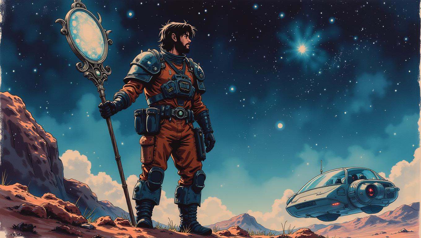 A space nomad,  dressed in tattered but functional armor,  holds a cosmic staff that glows with the light of distant stars...