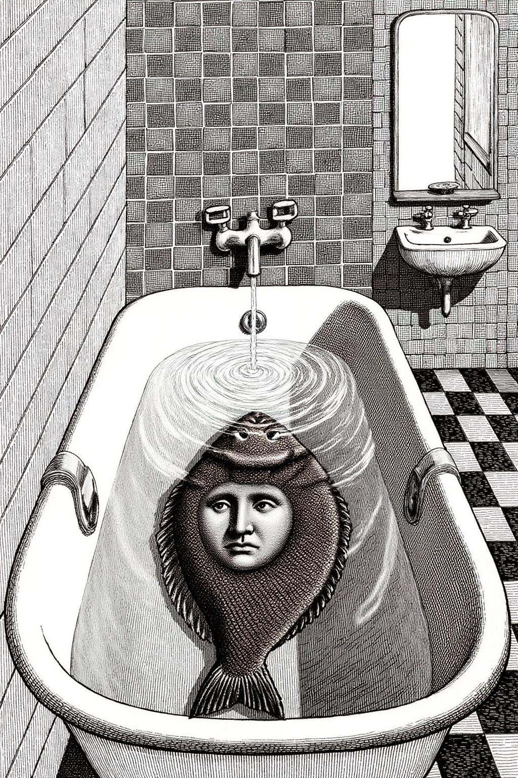 edwardgorey1 illustration.A bathroom scene shows a bathtub filled with water. At the bottom of the bathtub is a large flou...