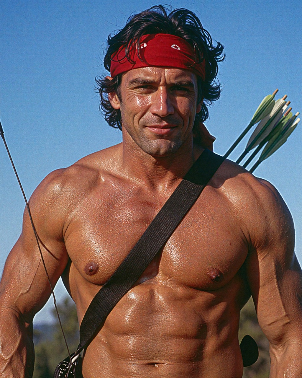 This is a photograph of a muscular man with dark,  wavy hair and a rugged appearance,  holding a bow and arrow. He is shir...