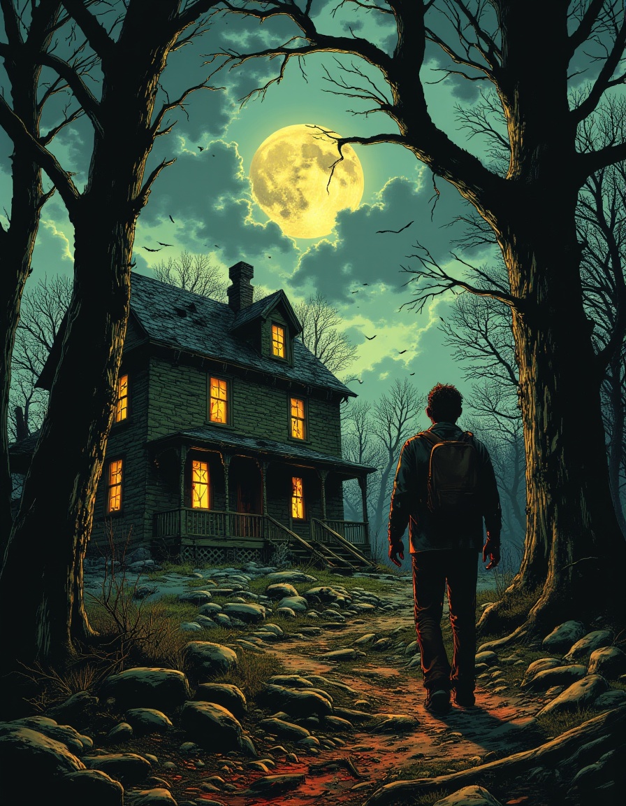 sp00k1h0rr0r a man walking towards a house in the woods on Tensor.Art