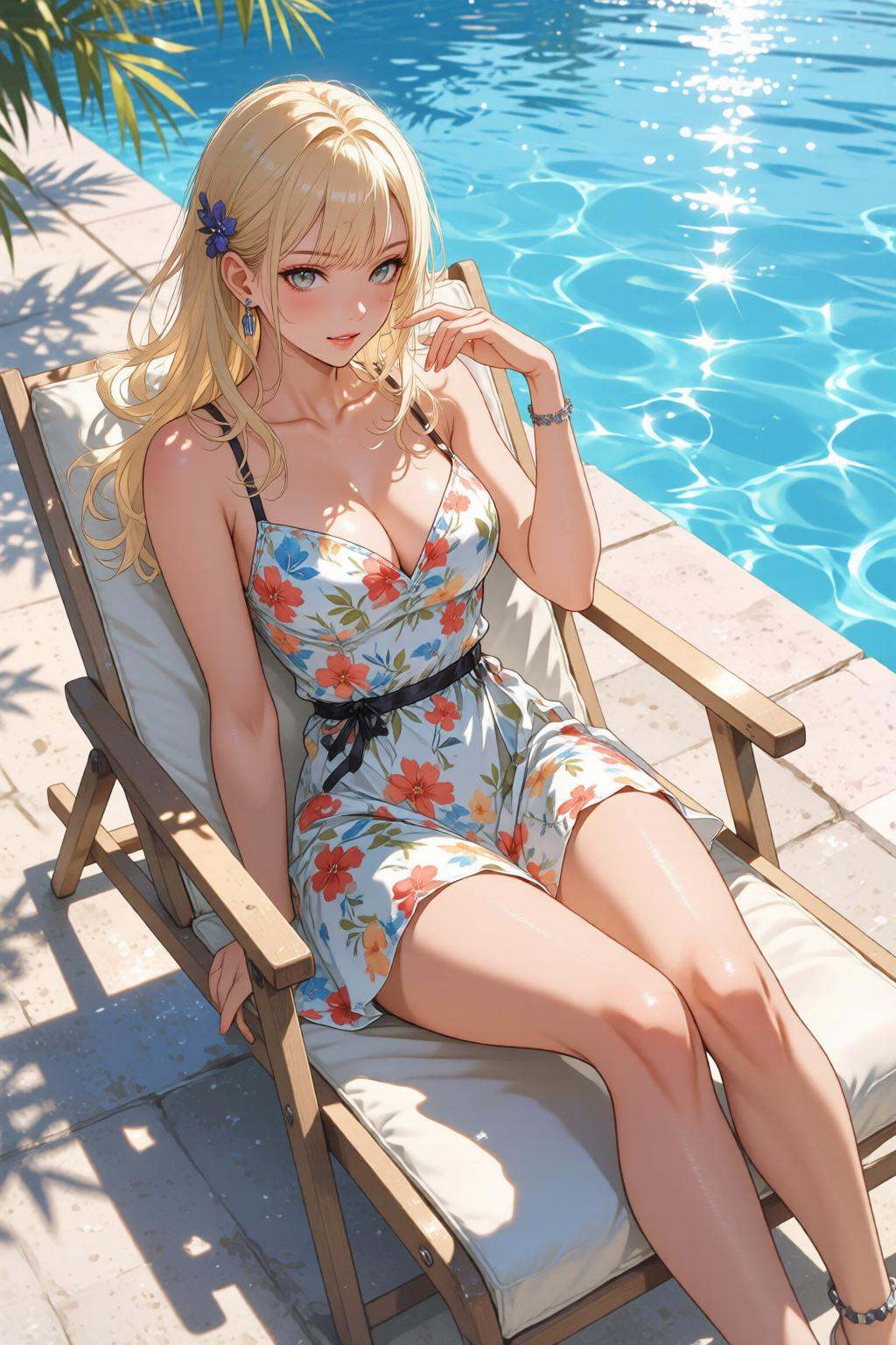 nijimix6q anime style illustration.High angle shot of a blonde woman in a floral sundress relaxing on a lawn chair by the...