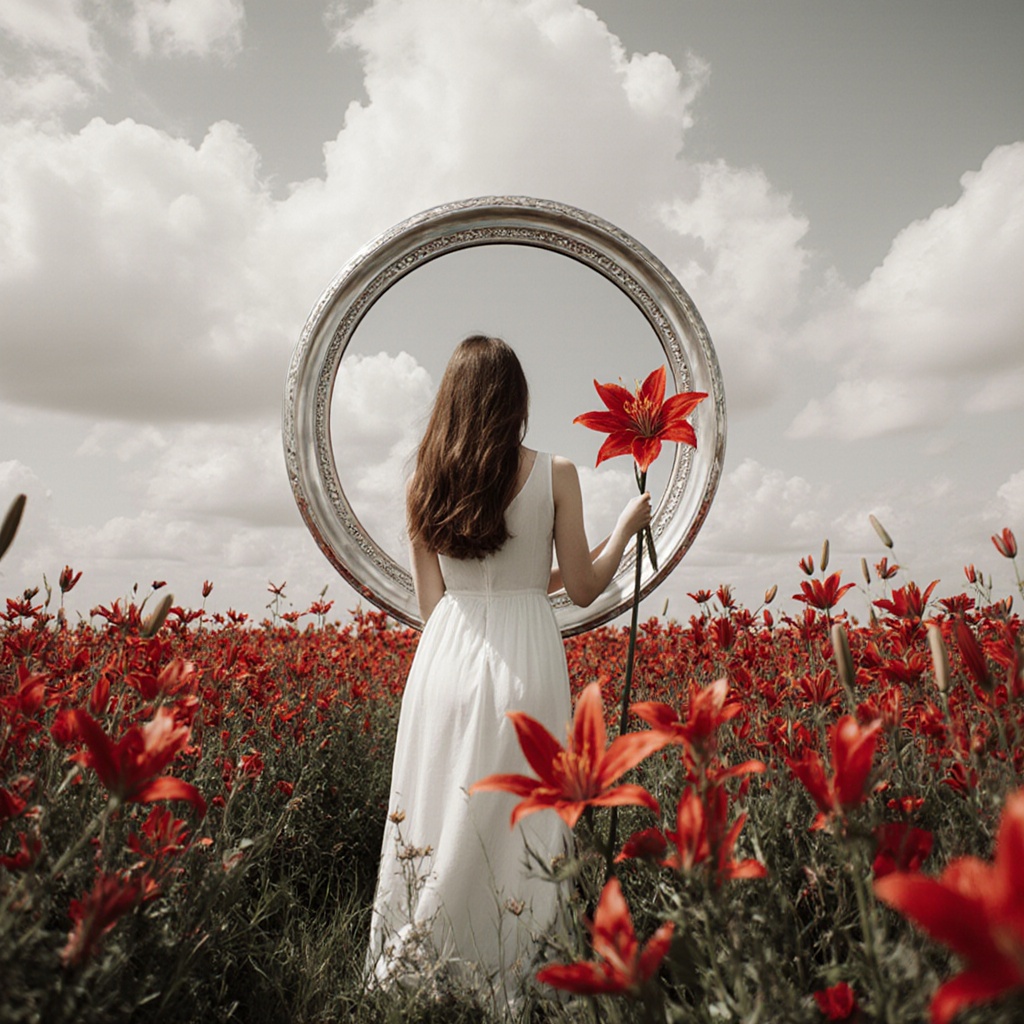 Surrealist art cinematic surrealistic style A surrealism photo of a woman in a white dress standing in a field of red flow...
