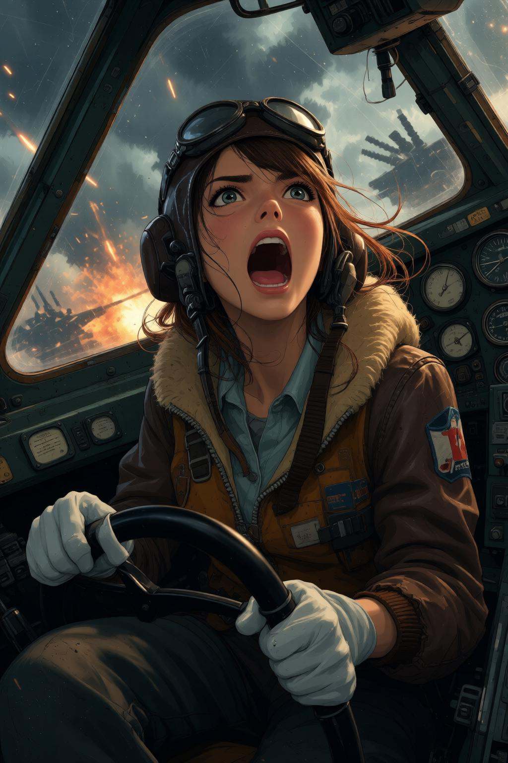 nijimix6q anime style illustration.A female pilot screaming inside the cockpit of a World War II bomber. The pilot,  weari...