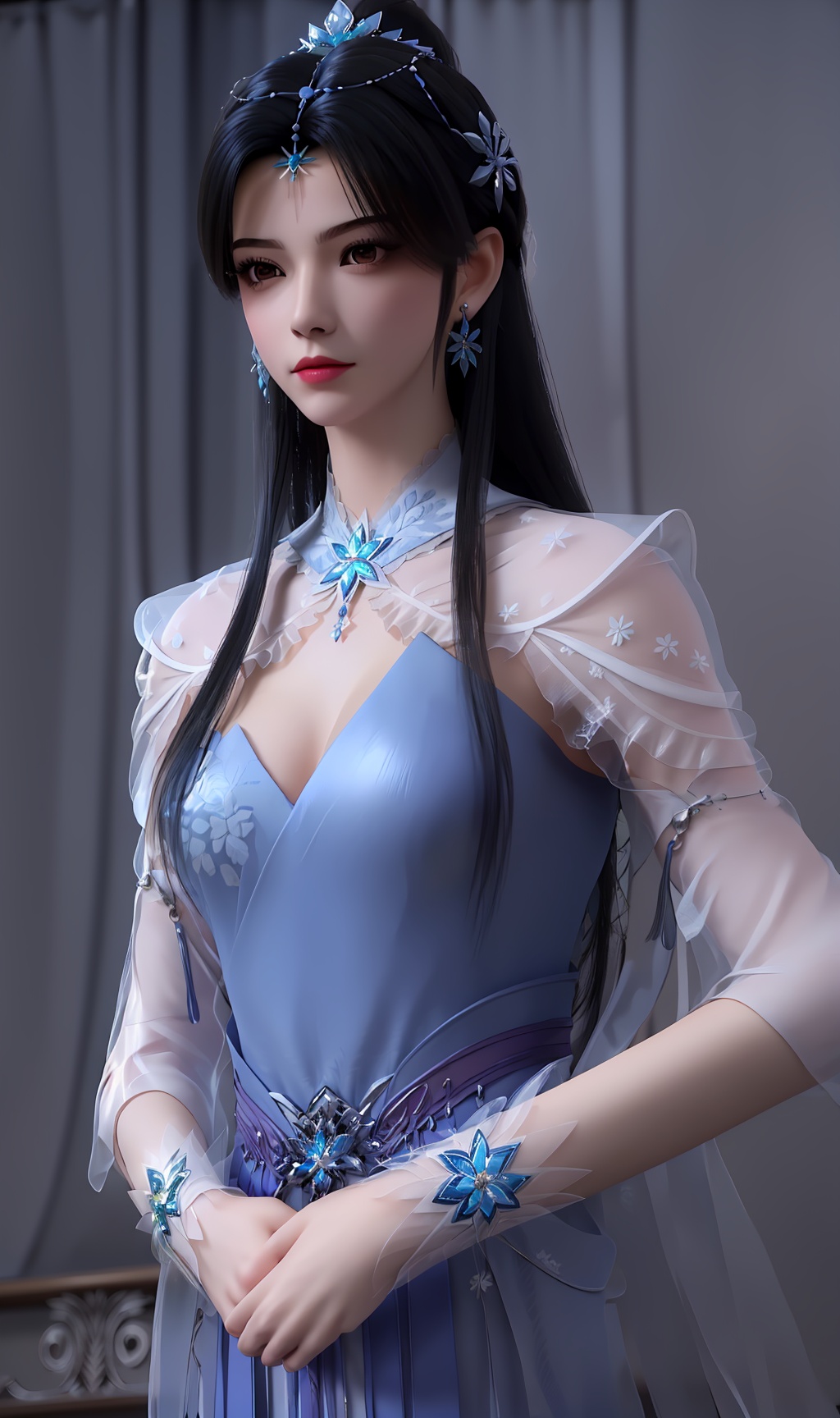 3D,masterpiece,(best quality),(makeup),official art, extremely detailed cg 8k wallpaper,((crystalstexture skin)), (extremely delicate and beautiful),(highly detailed),(face),(tiara),headpiece,(collar),(hair_flower),(1girl), (solo), (jewelry), (earrings),(black_hair),(long_hair),(hair_ornament),(handwear),(breasts),(standing),(upper_body),(closed_mouth),(dress),(multicolored_clothes),(multicolored_dress),(shiny_clothes),(city,indoor,bed),,((looking_at_viewer)),((Facing the camera)),, <lora:hipoly3DModelLora_v10:0.3>