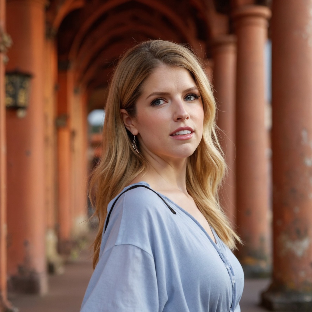 Anna_kendrick with striking features and a serene expression,  standing in a semi-abstract architectural setting. She has...