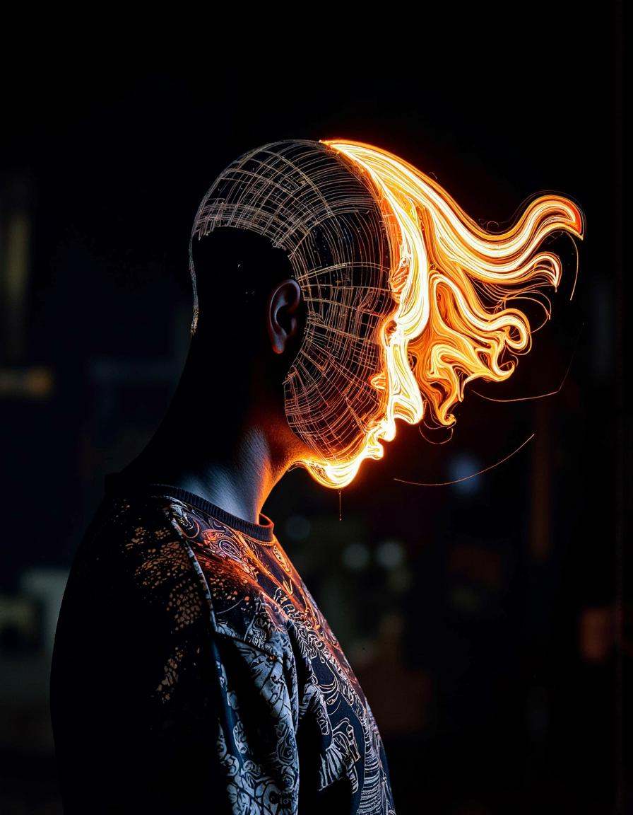 A highly detailed cinematic photography.Light Trails Photography by Aaron Siskind and Farah Mahbub of a person with head r...
