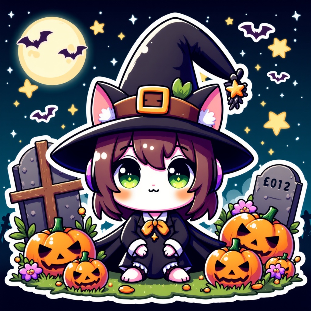 Whimsical little girl with cat ears and pointy witch hat,  adorned with headphones,  sitting amidst vibrant pumpkins in a...