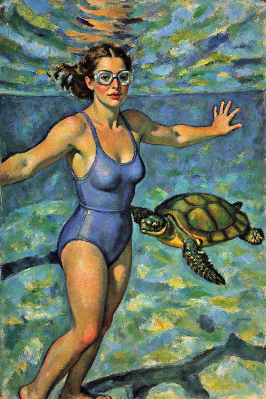 pau1cez painting.impasto oil painting of a woman swimming underwater. The woman is wearing a blue one piece swimsuit,  and...