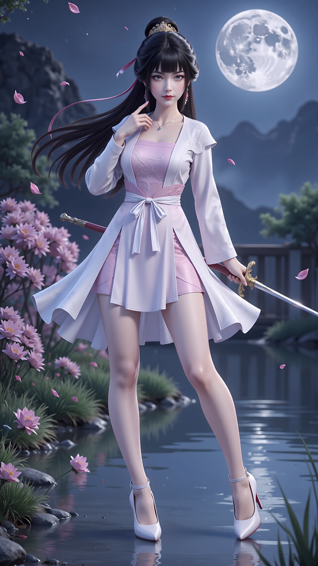 1girl,moon,weapon,sword,dress,long hair,solo,hair ornament,black hair,white dress,petals,night,water,full moon,grass,high heels,full body,,<lora:F1稚圭:0.8>
