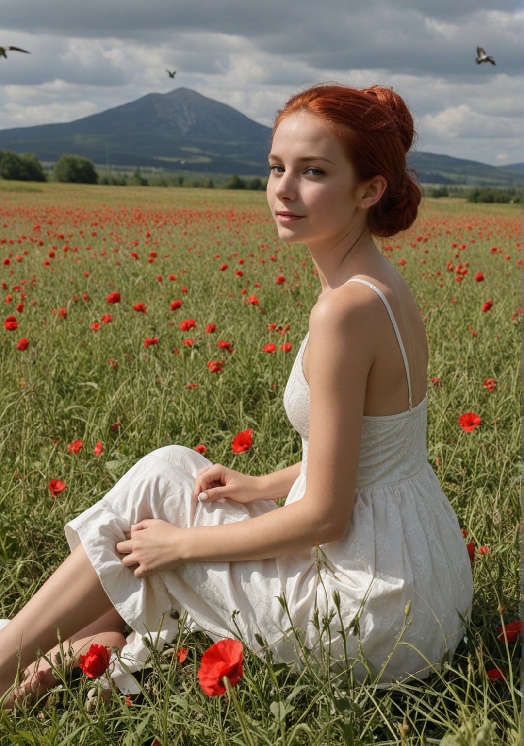 a beautiful Celtic woman,  with her red hair pinned up in a bun,  a sensitive on Tensor.Art