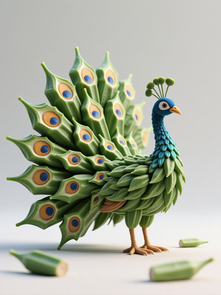 wgsc,  a stylized,  animated peacock made entirely of green leaves and feathersThe peacock has a vibrant and colorful appe...