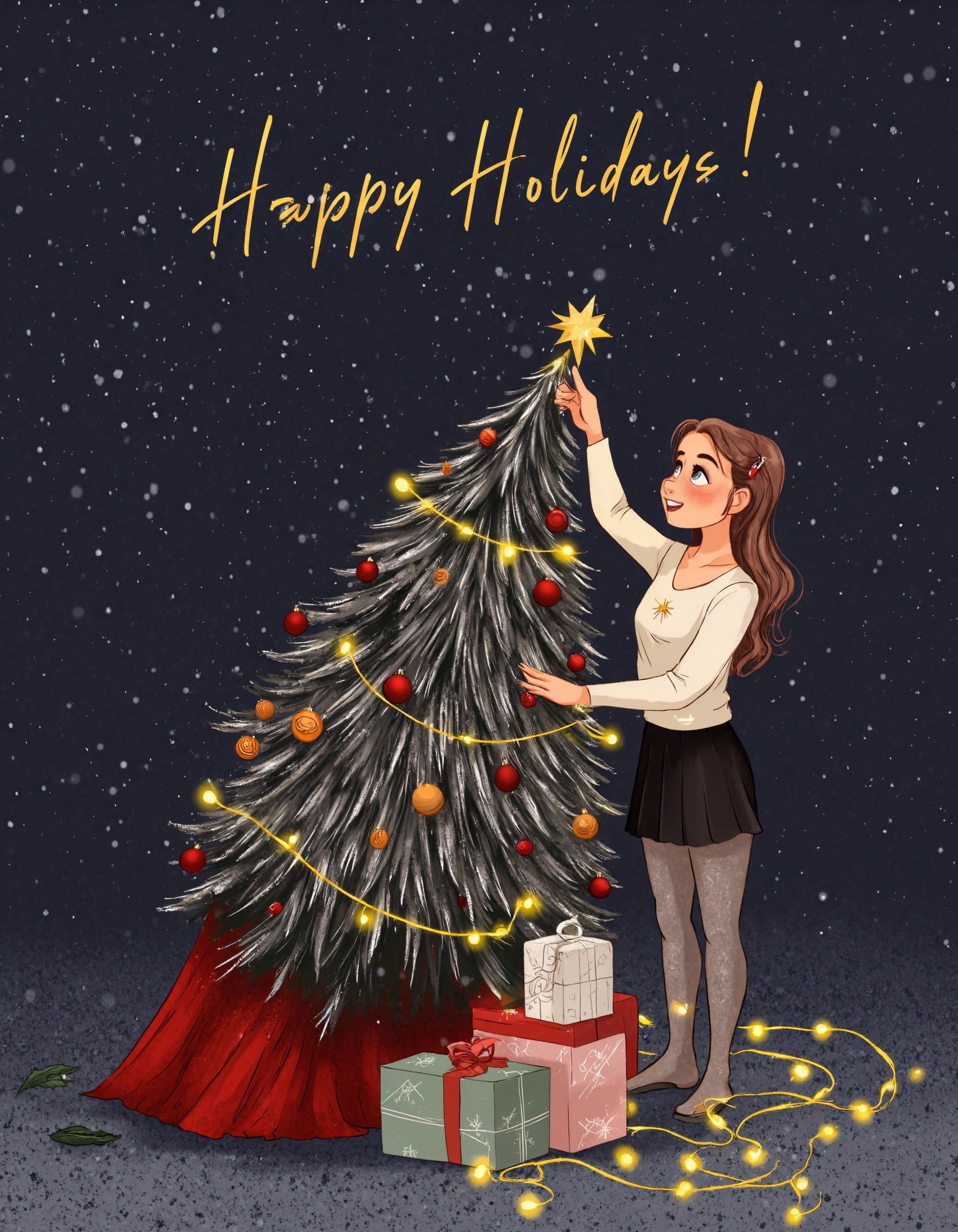 This is a high-quality digital illustration featuring a young woman with long,  wavy brown hair,  dressed in a white blous...