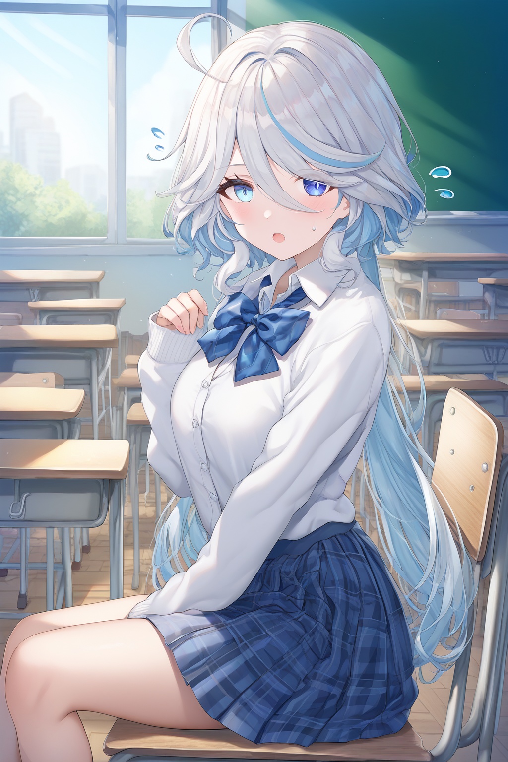 score_9,score_8_up,score_7_up,score_6_up,score_5_up,score_4_up,source_anime,source_cartoon,<lora:FurinaTUPONYXL-000001:1>,furina \(genshin impact\), 1girl, skirt, solo, looking at viewer, sitting, white hair, shirt, white hair, open mouth, heterochromia, indoors, white shirt, alternate costume, school desk, school uniform, blush, desk, blue skirt, long sleeves, drop-shaped pupils, pleated skirt, blue bow, bow, white hair, white hair, long hair, plaid skirt, cardigan, bowtie, streaked hair, classroom, plaid, blue bowtie, hair between eyes, collared shirt, flying sweatdrops, school chair, from side